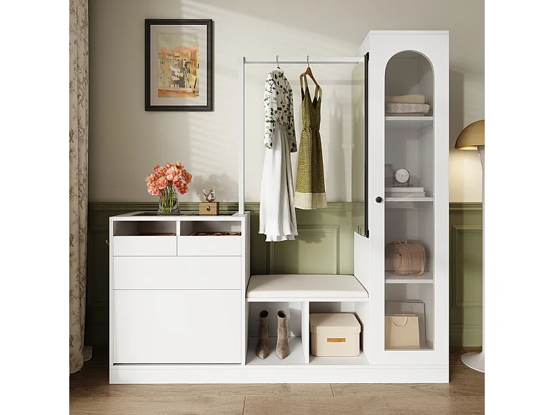 Vitrine 1 portes en verre 6 en 1 - avec LED, Miroir, meuble a chaussures abattants, coiffeuse, 2 tiroirs - 163x35x161cm