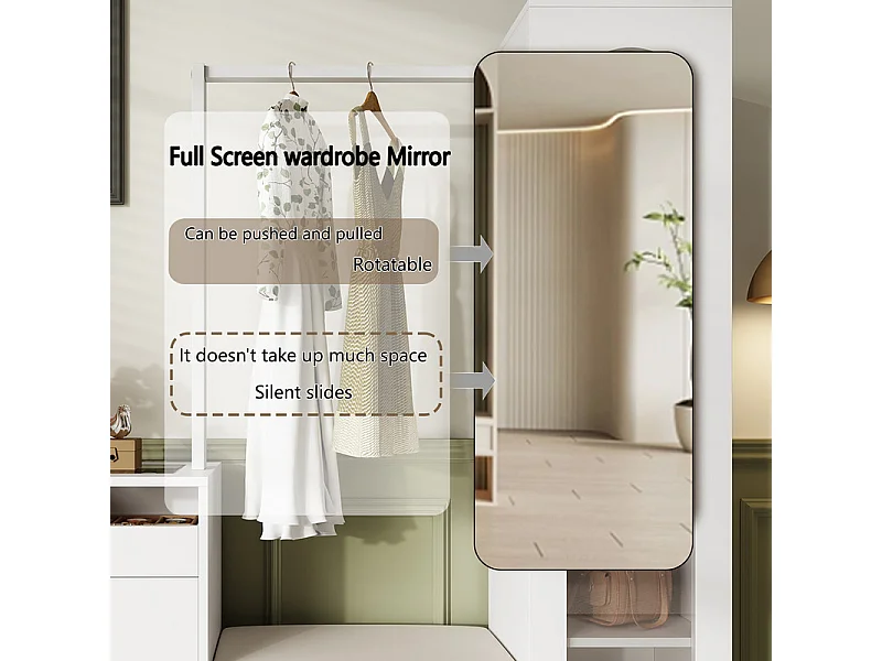 Vitrine 1 portes en verre 6 en 1 - avec LED, Miroir, meuble a chaussures abattants, coiffeuse, 2 tiroirs - 163x35x161cm