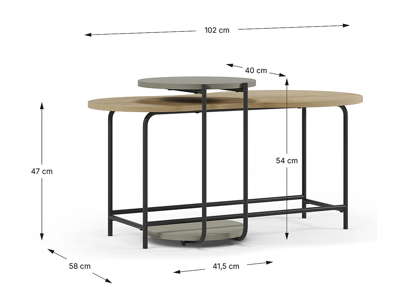 Set de 2 tables basses, tables de salon aspect bois coloris chêne, vert et métal coloris noir