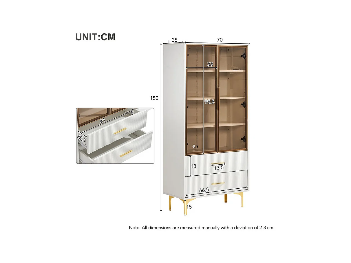 Vitrine en Verre 150cm - avec LED - 2 Portes et 2 tiroirs - étagères mobiles - 70x35x150cm