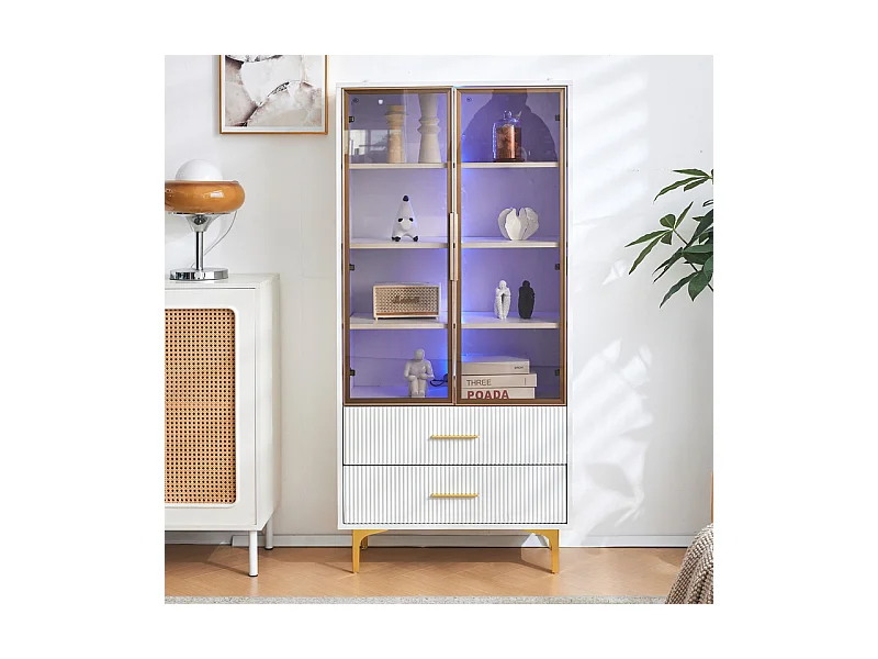 Vitrine en Verre 150cm - avec LED - 2 Portes et 2 tiroirs - étagères mobiles - 70x35x150cm