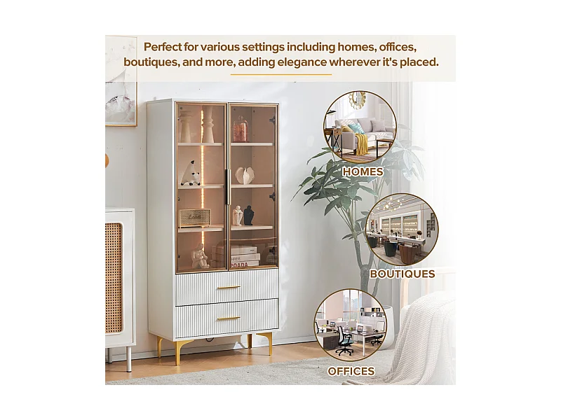 Vitrine en Verre 150cm - avec LED - 2 Portes et 2 tiroirs - étagères mobiles - 70x35x150cm