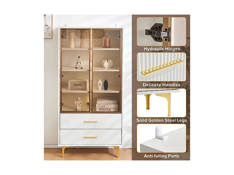 Vitrine en Verre 150cm - avec LED - 2 Portes et 2 tiroirs - étagères mobiles - 70x35x150cm