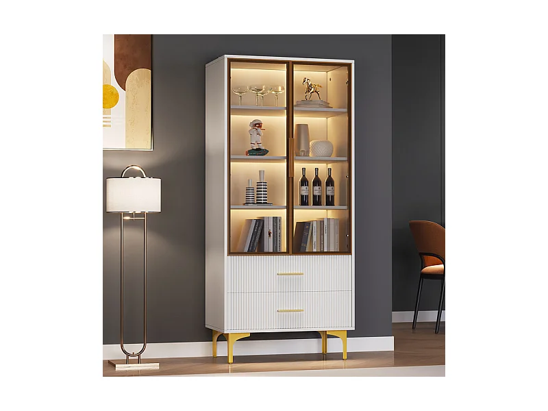 Vitrine aus Glas 150cm - mit LED - 2 Türen und 2 Schubladen - bewegliche Regale - 70x35x150cm