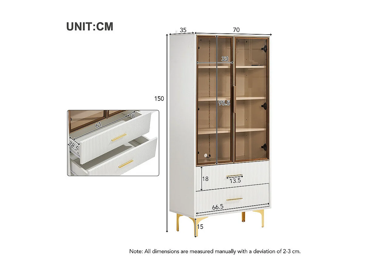 Vitrine en Verre 150cm - avec LED - 2 Portes et 2 tiroirs - étagères mobiles - 70x35x150cm