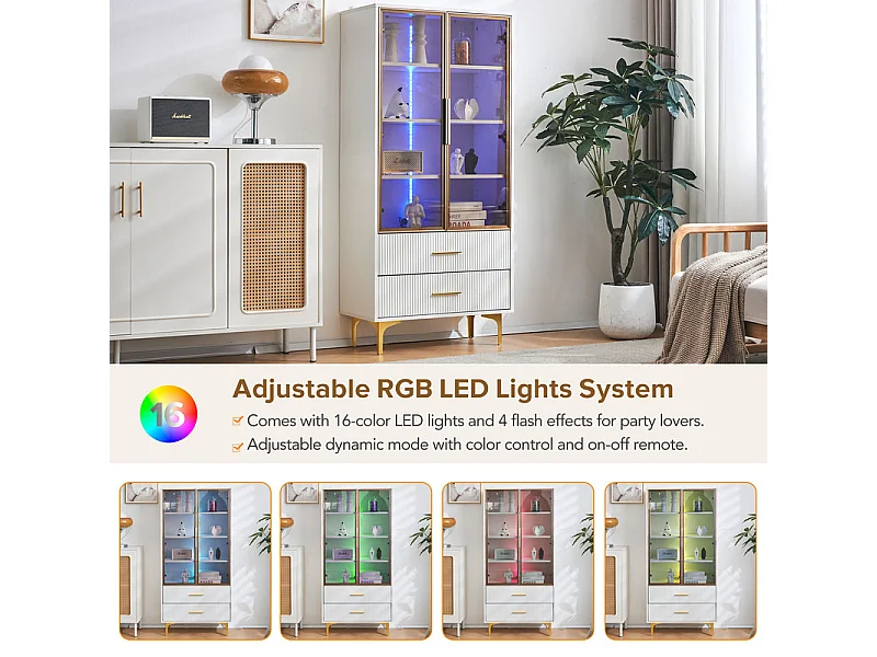 Vitrine en Verre 150cm - avec LED - 2 Portes et 2 tiroirs - étagères mobiles - 70x35x150cm