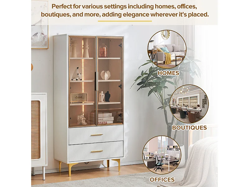 Vitrine en Verre 150cm - avec LED - 2 Portes et 2 tiroirs - étagères mobiles - 70x35x150cm