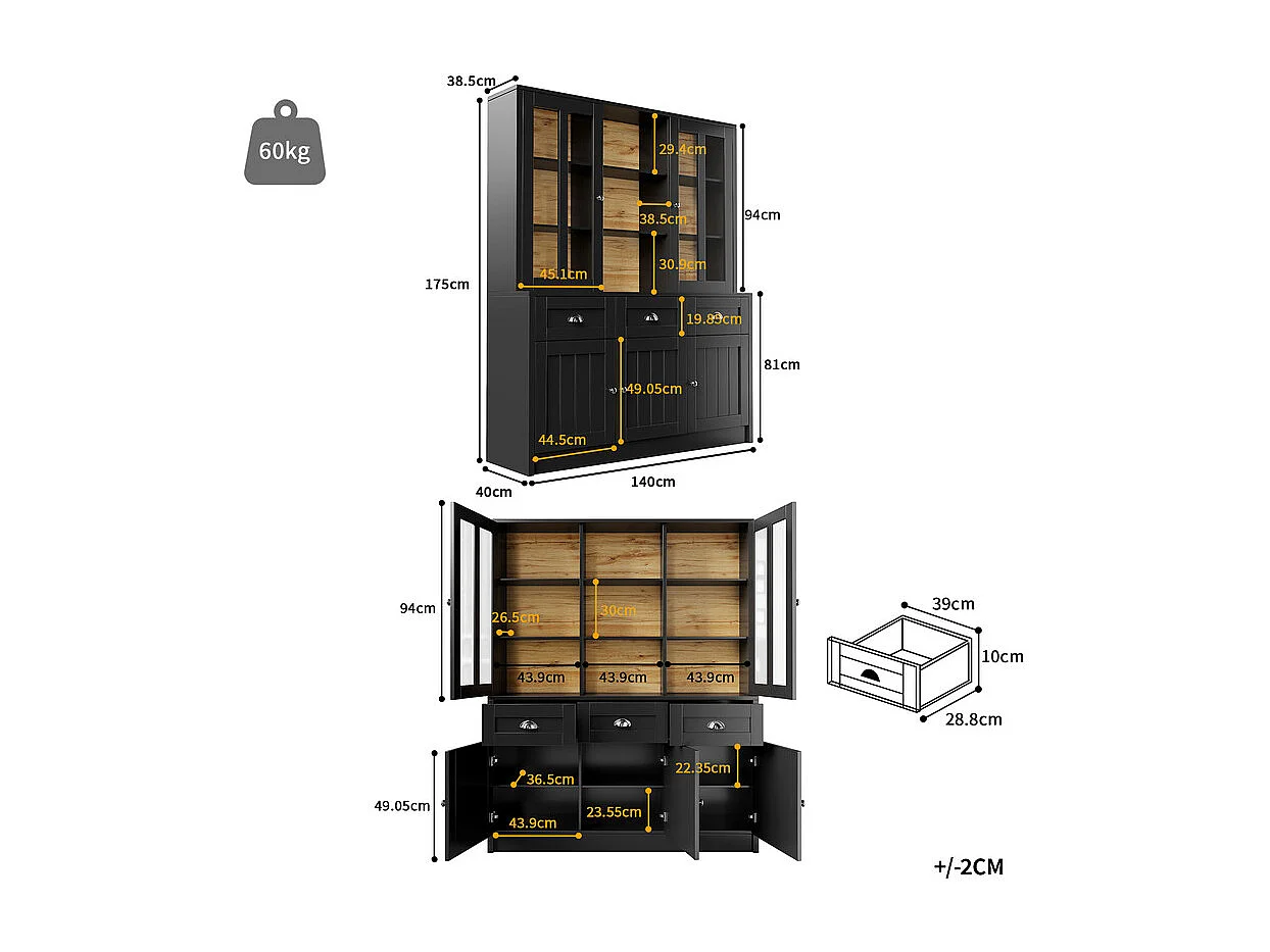 Vitrine - 5 portes et 3 tiroirs - avec dispositif anti-inclinaison et portes de barrière acrylique - MDF - 140×38.5×175cm