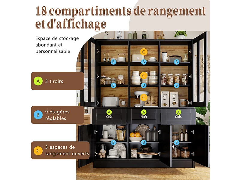 Vitrine - 5 portes et 3 tiroirs - avec dispositif anti-inclinaison et portes de barrière acrylique - MDF - 140×38.5×175cm