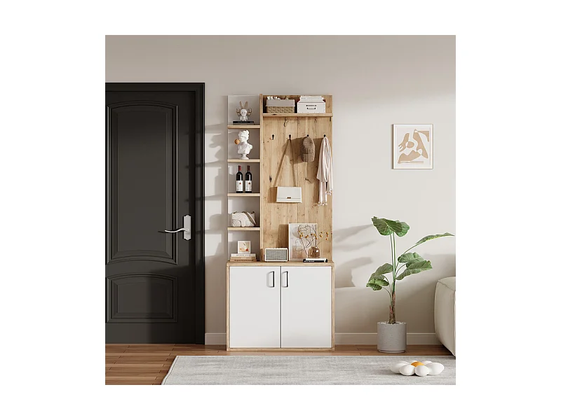 Vitrine - 5 étagères et 2 portes - avec patères - charge max 80kg - panneau de particules - 75x33x180cm