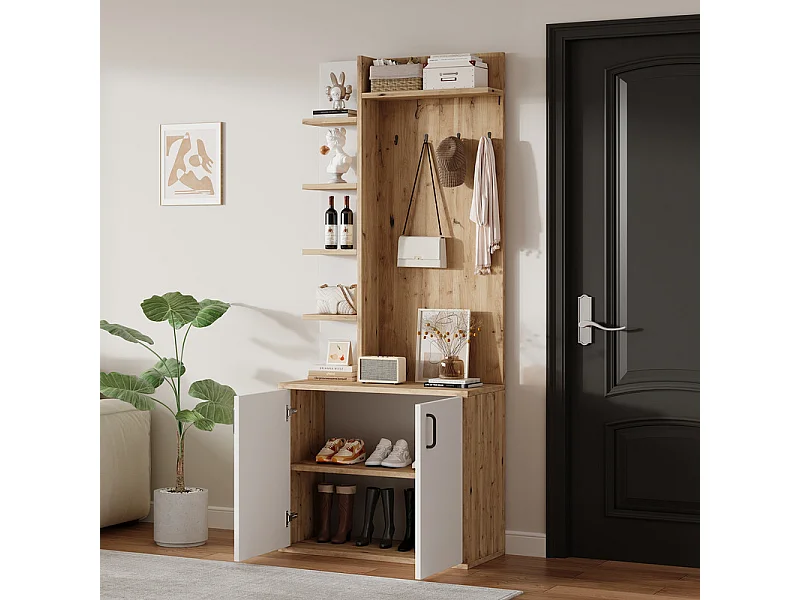 Vitrine - 5 étagères et 2 portes - avec patères - charge max 80kg - panneau de particules - 75x33x180cm