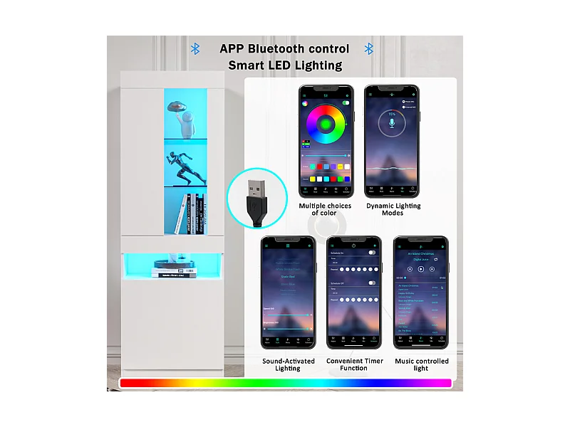 Vitrine avec éclairage LED 16 couleurs et Bluetooth - 2 portes et 1niche - panneau de particules - 50x40x180cm