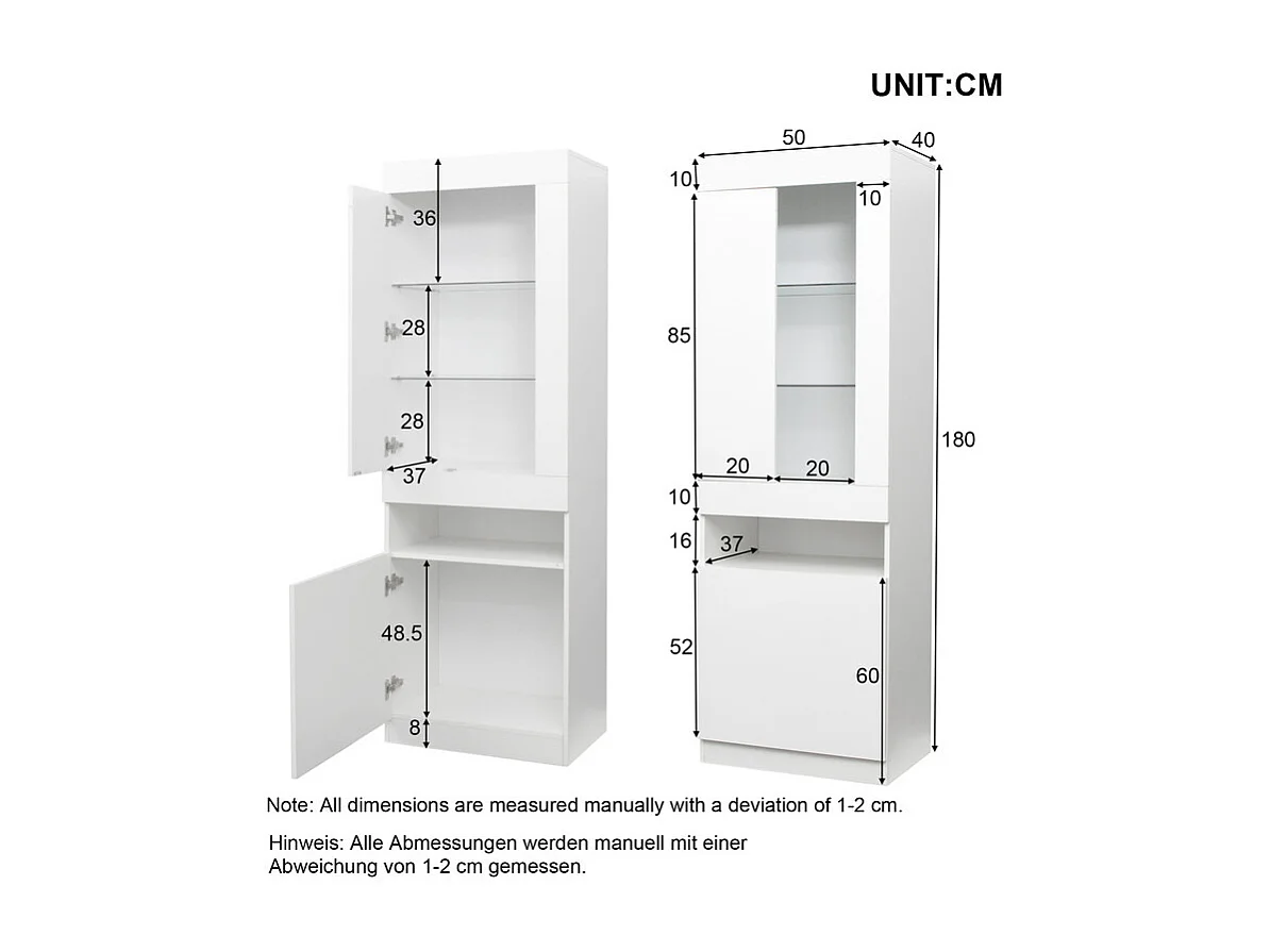 Vitrine avec éclairage LED 16 couleurs et Bluetooth - 2 portes et 1niche - panneau de particules - 50x40x180cm