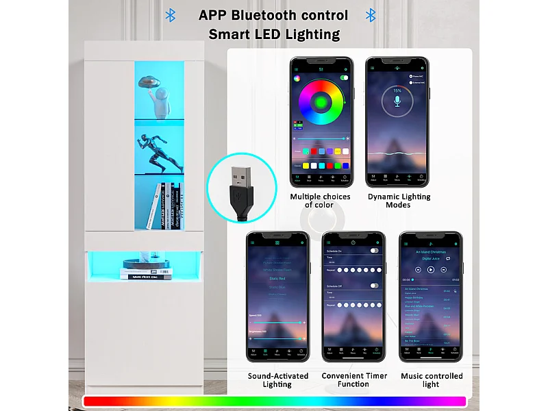 Vitrine avec éclairage LED 16 couleurs et Bluetooth - 2 portes et 1niche - panneau de particules - 50x40x180cm