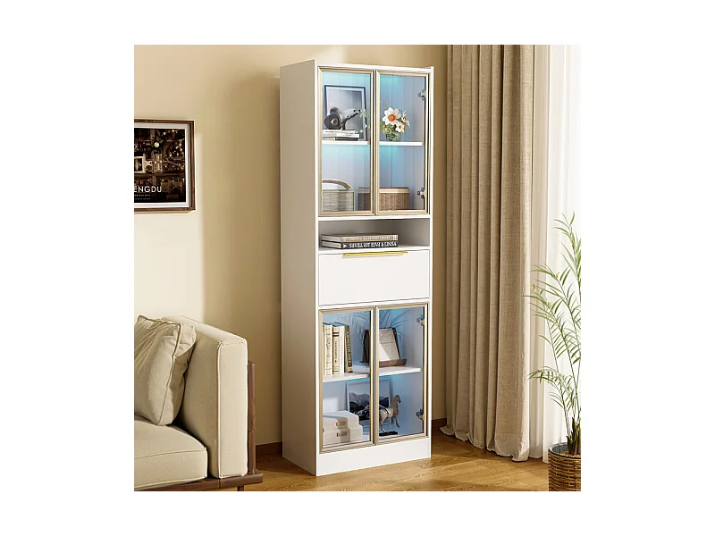 Vitrine 4 portes en verre - avec LED 16 couleurs et Bluetooth - 1 tiroir et 1 niche - MDF - 60×35×180cm