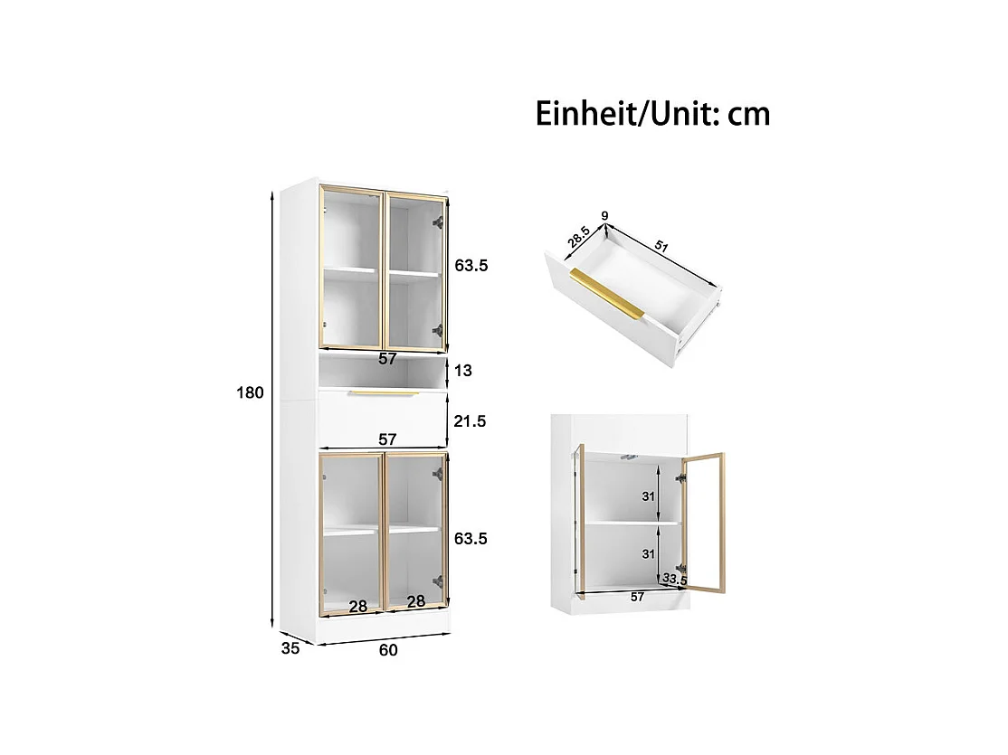 Vitrine 4 portes en verre - avec LED 16 couleurs et Bluetooth - 1 tiroir et 1 niche - MDF - 60×35×180cm