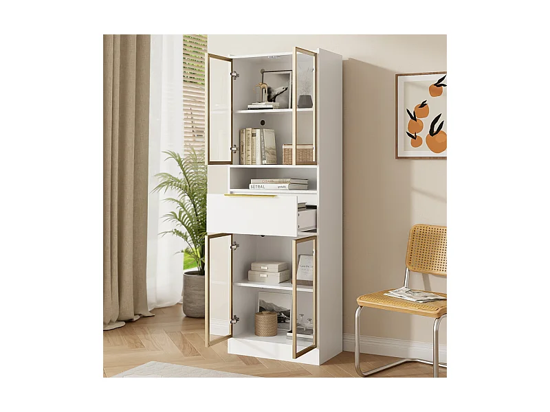 Vitrine 4 portes en verre - avec LED 16 couleurs et Bluetooth - 1 tiroir et 1 niche - MDF - 60×35×180cm