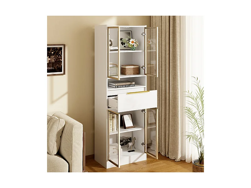 Vitrine 4 portes en verre - avec LED 16 couleurs et Bluetooth - 1 tiroir et 1 niche - MDF - 60×35×180cm