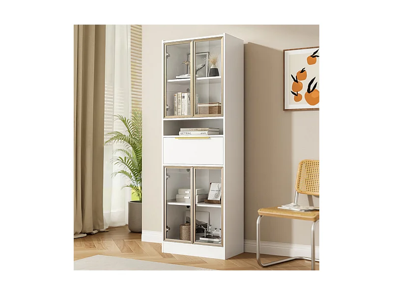 Vitrine 4 portes en verre - avec LED 16 couleurs et Bluetooth - 1 tiroir et 1 niche - MDF - 60×35×180cm