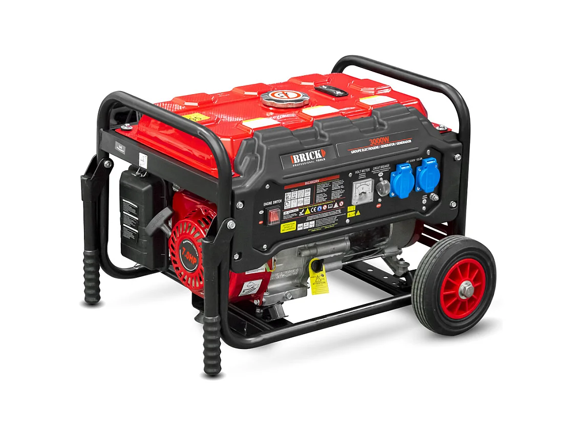 Groupe électrogène max 3000W avec roues - 2 prises - AVR - Essence - Brick