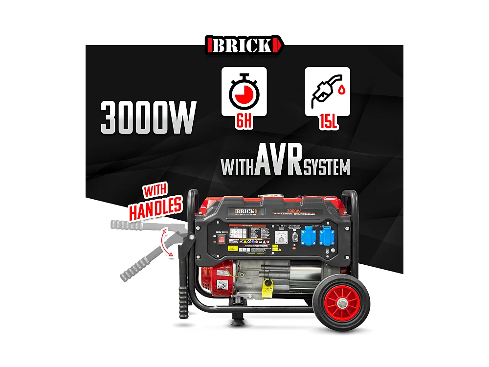 Groupe électrogène max 3000W avec roues - 2 prises - AVR - Essence - Brick