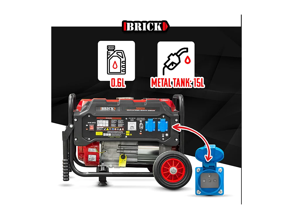 Groupe électrogène max 3000W avec roues - 2 prises - AVR - Essence - Brick
