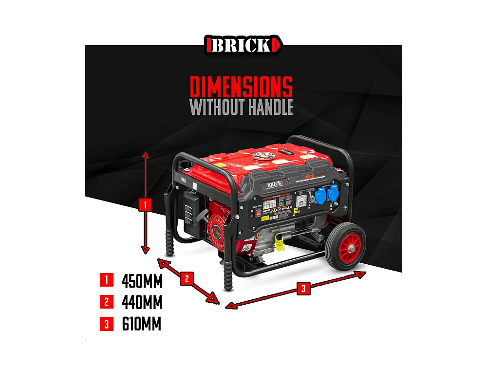 Groupe électrogène max 3000W avec roues - 2 prises - AVR - Essence - Brick