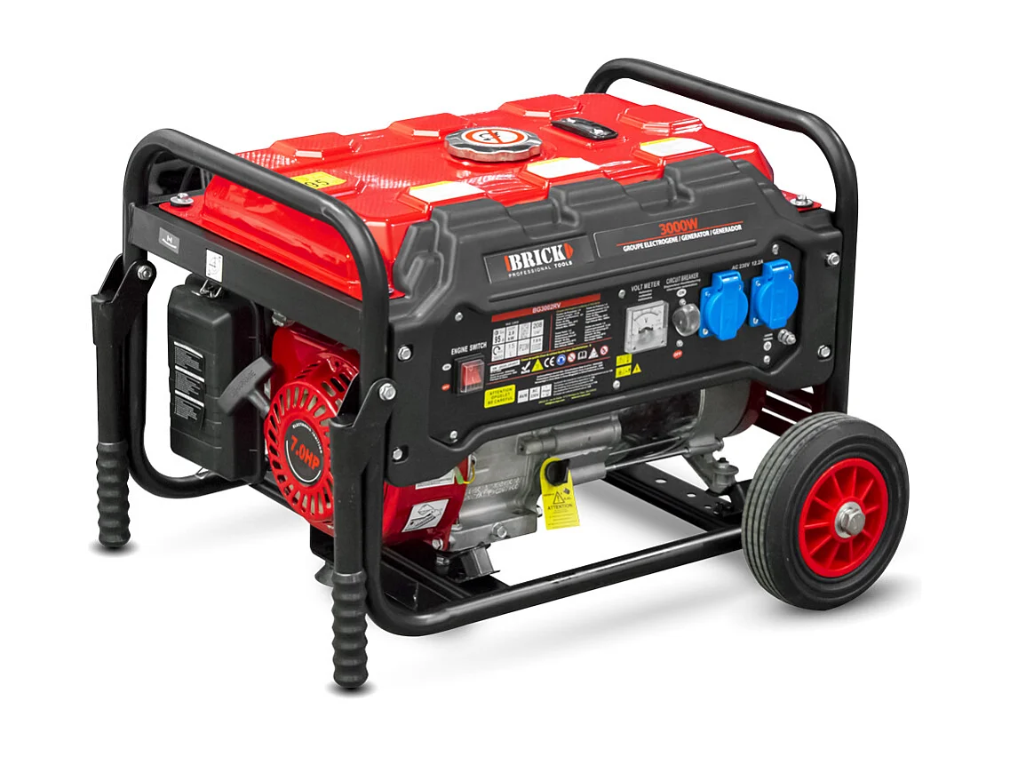 Groupe électrogène max 3000W avec roues - 2 prises - AVR - Essence - Brick