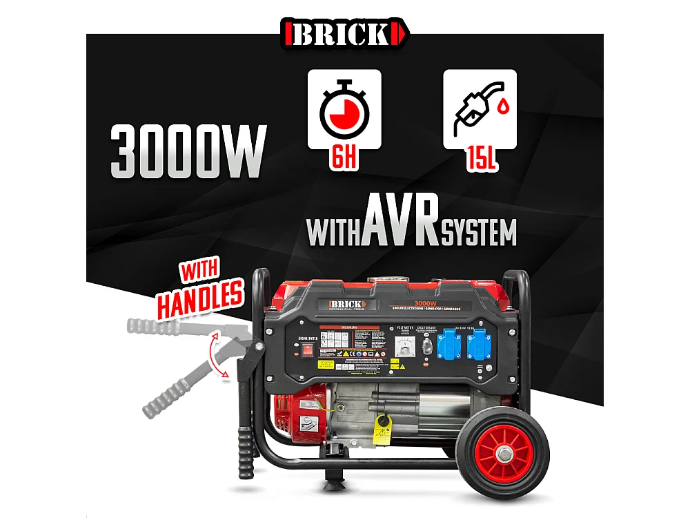Groupe électrogène max 3000W avec roues - 2 prises - AVR - Essence - Brick