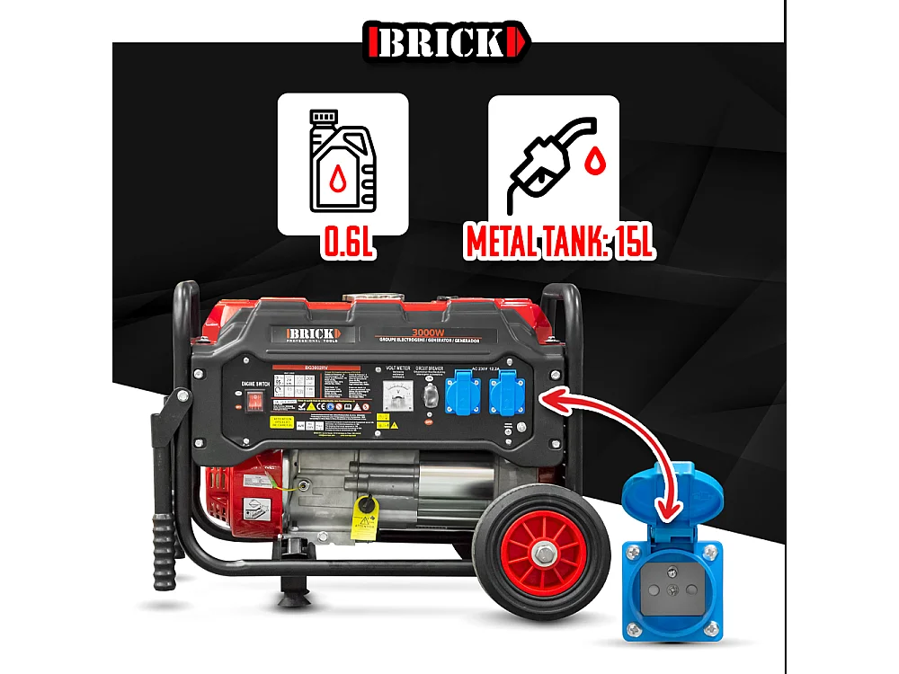 Groupe électrogène max 3000W avec roues - 2 prises - AVR - Essence - Brick