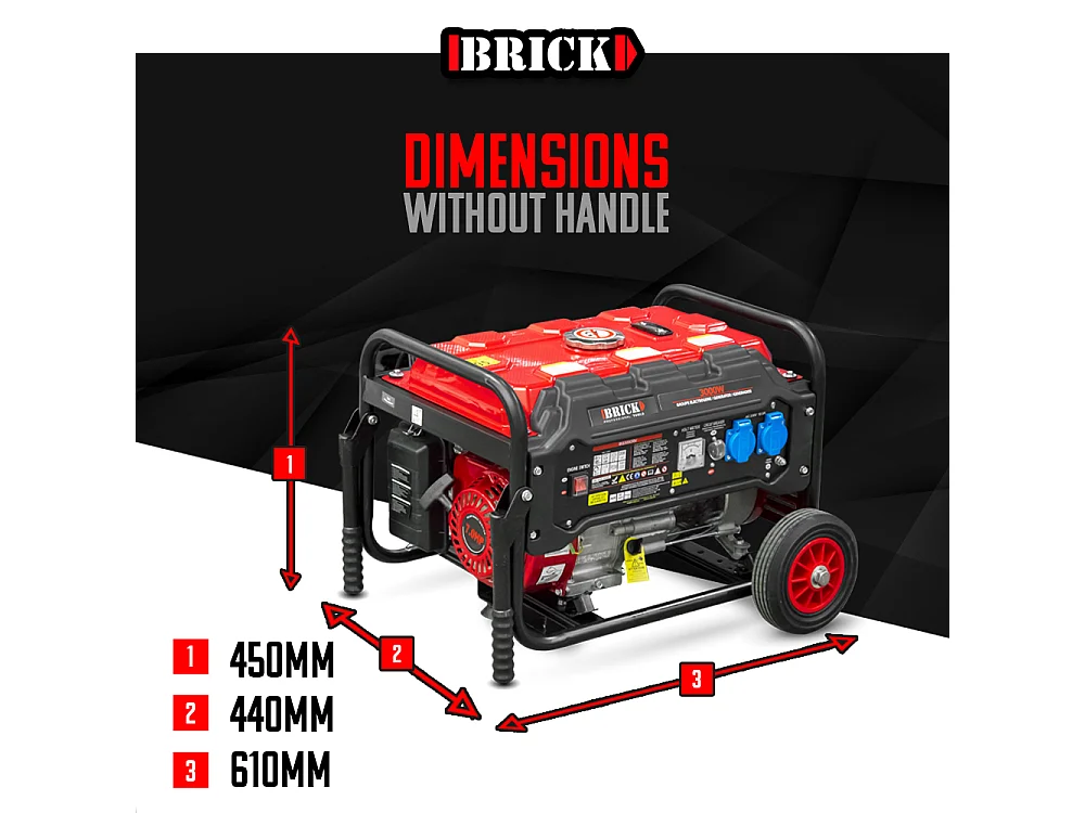 Groupe électrogène max 3000W avec roues - 2 prises - AVR - Essence - Brick