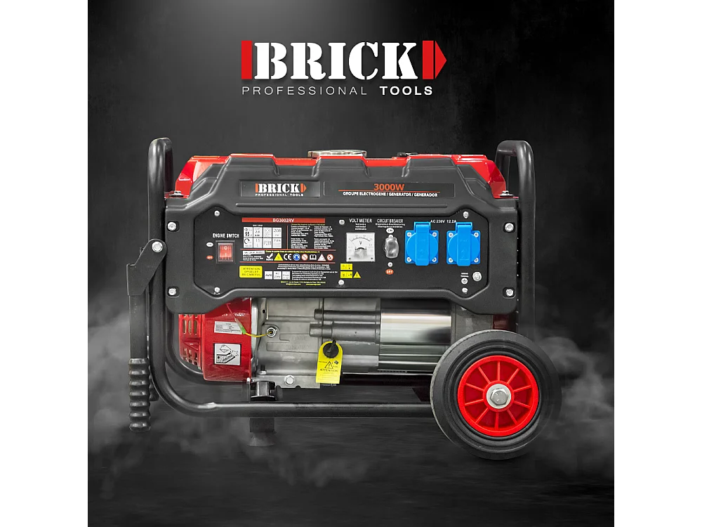 Groupe électrogène max 3000W avec roues - 2 prises - AVR - Essence - Brick