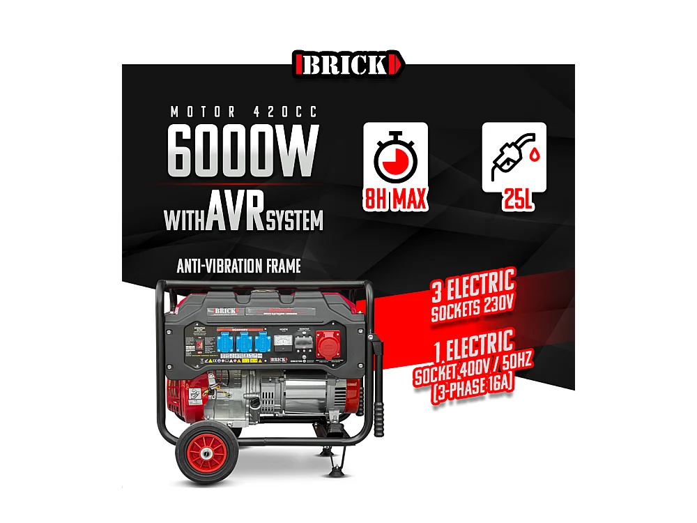 Groupe électrogène max 6000W avec roues et prise triphasée - Brick