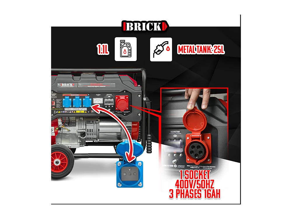Groupe électrogène max 6000W avec roues et prise triphasée - Brick
