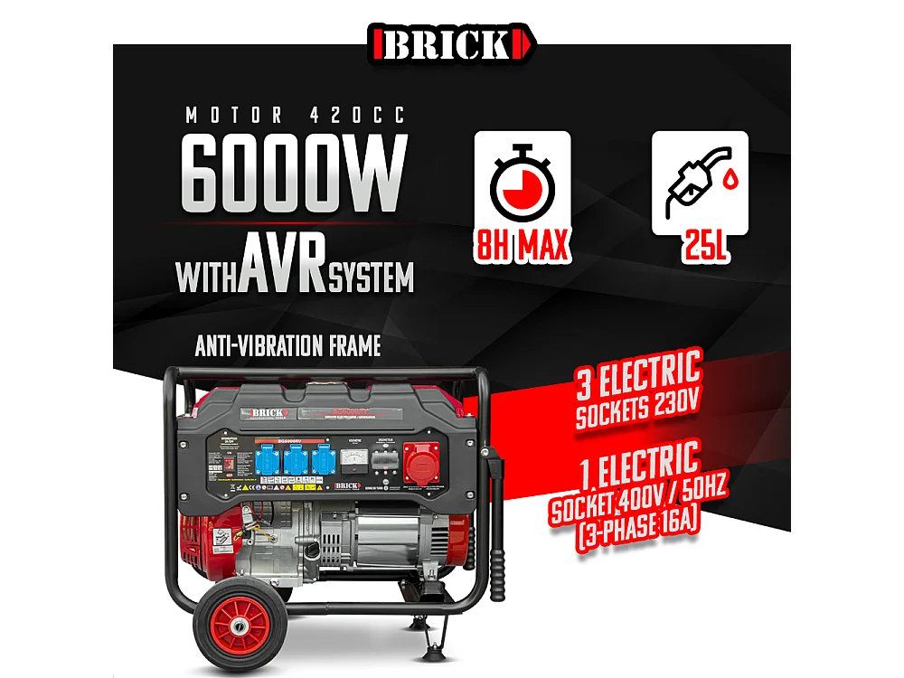Groupe électrogène max 6000W avec roues et prise triphasée - Brick