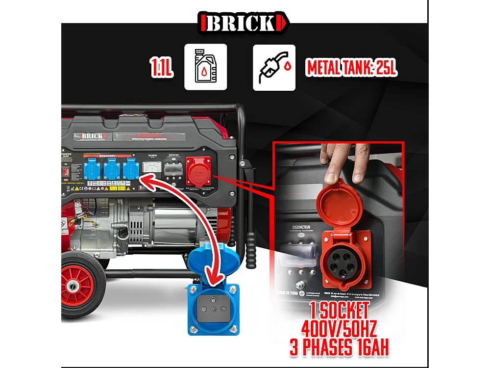 Groupe électrogène max 6000W avec roues et prise triphasée - Brick