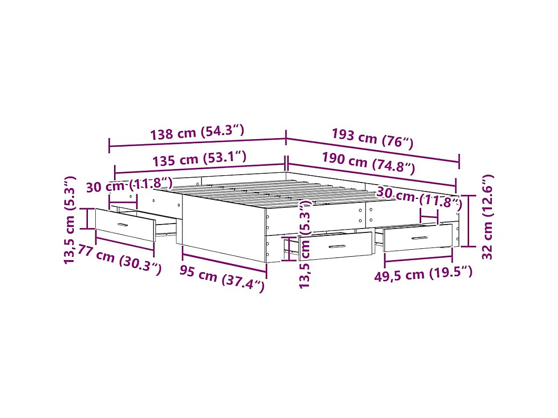 Lit double | Lit adulte | Cadre de lit avec tiroirs chêne artisanal 135x190 cm