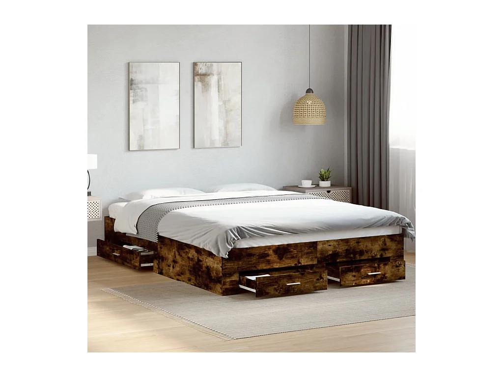 Lit double | Lit adulte | Cadre de lit avec tiroirs chêne fumé 150x200 cm