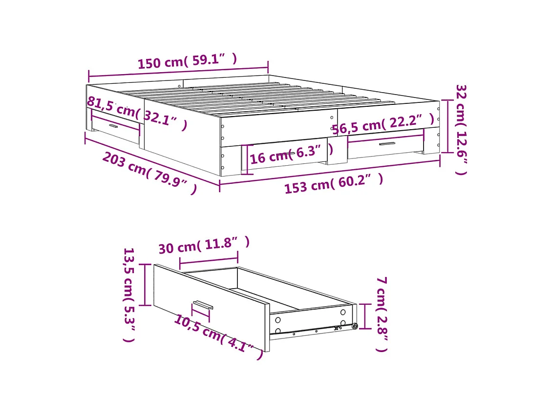 Lit double | Lit adulte | Cadre de lit avec tiroirs chêne fumé 150x200 cm