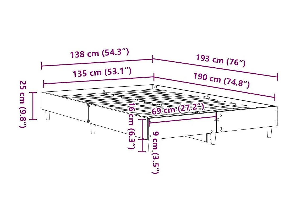 Lit double | Lit adulte | Cadre de lit gris béton 135x190 cm bois ingénierie
