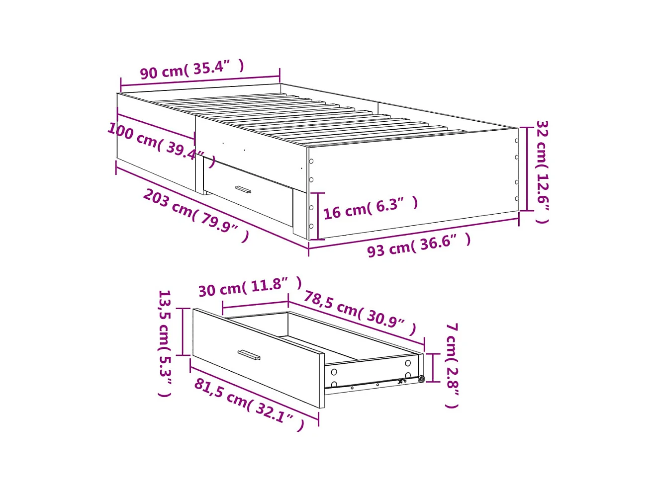 Lit simple | Lit adulte, enfant | Cadre de lit avec tiroirs chêne sonoma 90x200 cm