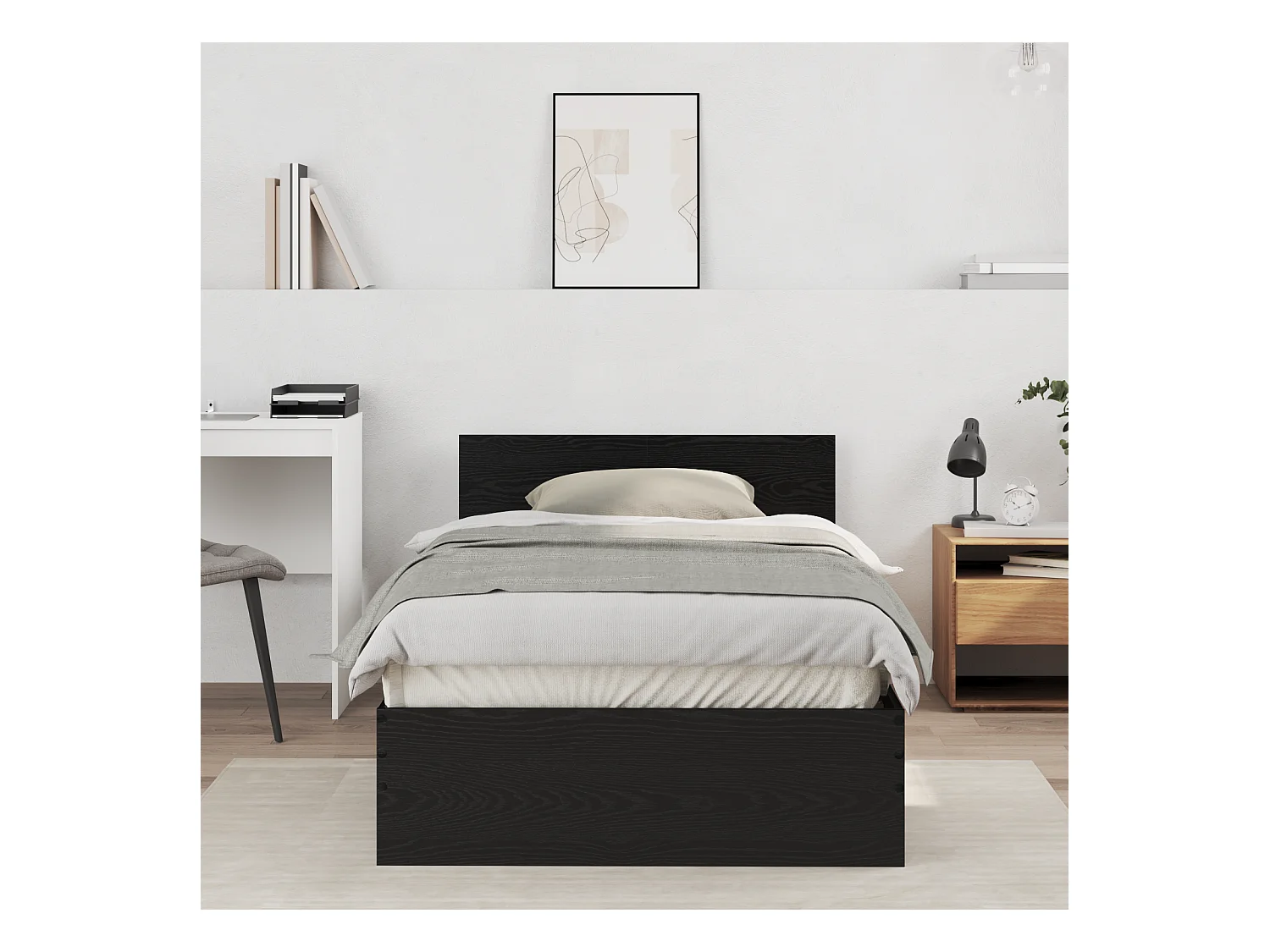 Lit simple | Lit adulte, enfant | Cadre de lit avec tête de lit Chêne noir 100x200 cm