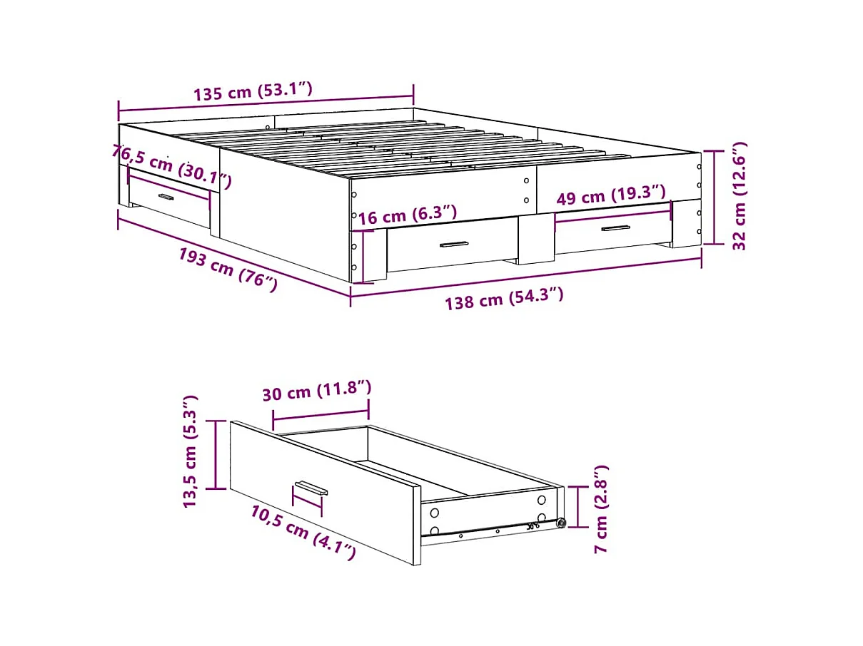 Lit double | Lit adulte | Cadre de lit avec tiroirs chêne sonoma 135x190 cm