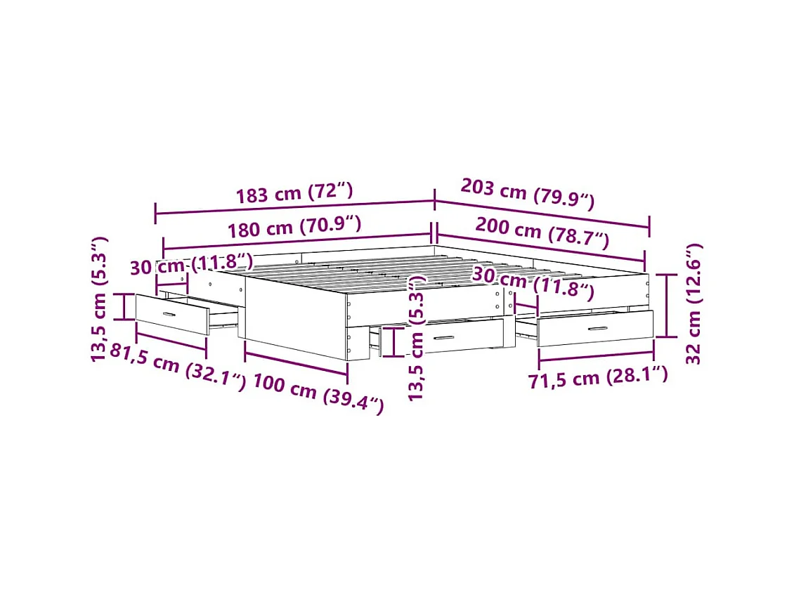 Lit double | Lit adulte | Cadre de lit avec tiroirs avec tiroir Chêne noir 180x200 cm