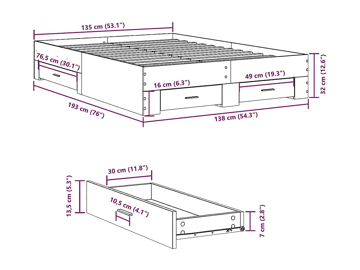 Lit double | Lit adulte | Cadre de lit avec tiroirs chêne fumé 135x190 cm