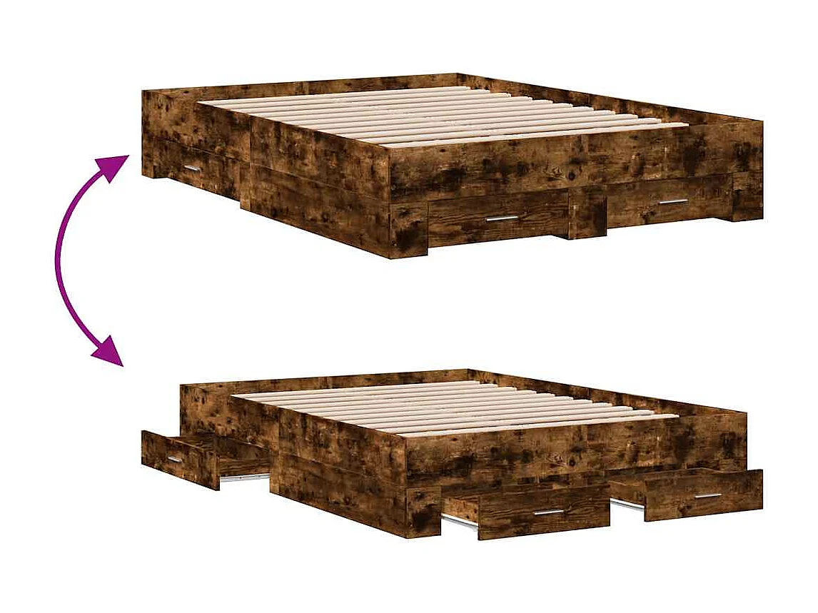Lit double | Lit adulte | Cadre de lit avec tiroirs chêne fumé 135x190 cm