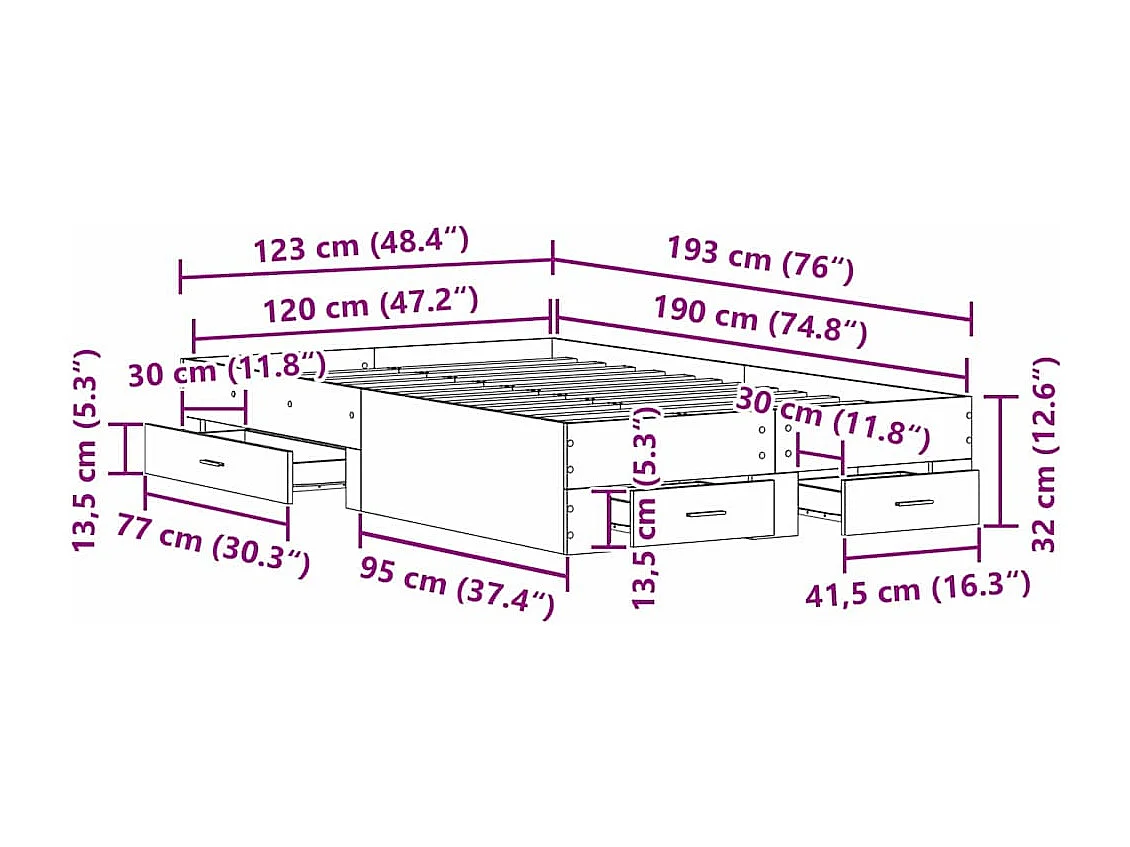 Lit simple | Lit adulte, enfant | Cadre de lit avec tiroirs avec tiroir Bois ancien 120x190 cm