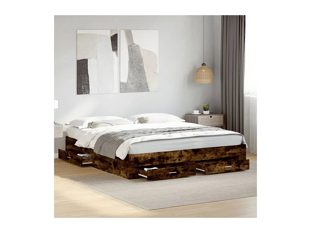 Lit double | Lit adulte | Cadre de lit avec tiroirs chêne fumé 200x200 cm