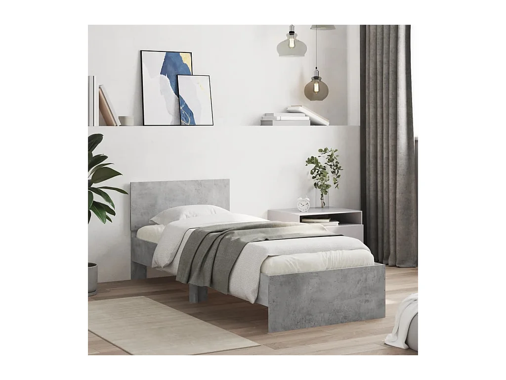 Lit simple | Lit adulte, enfant | Cadre de lit avec tête de lit gris béton 90x200 cm