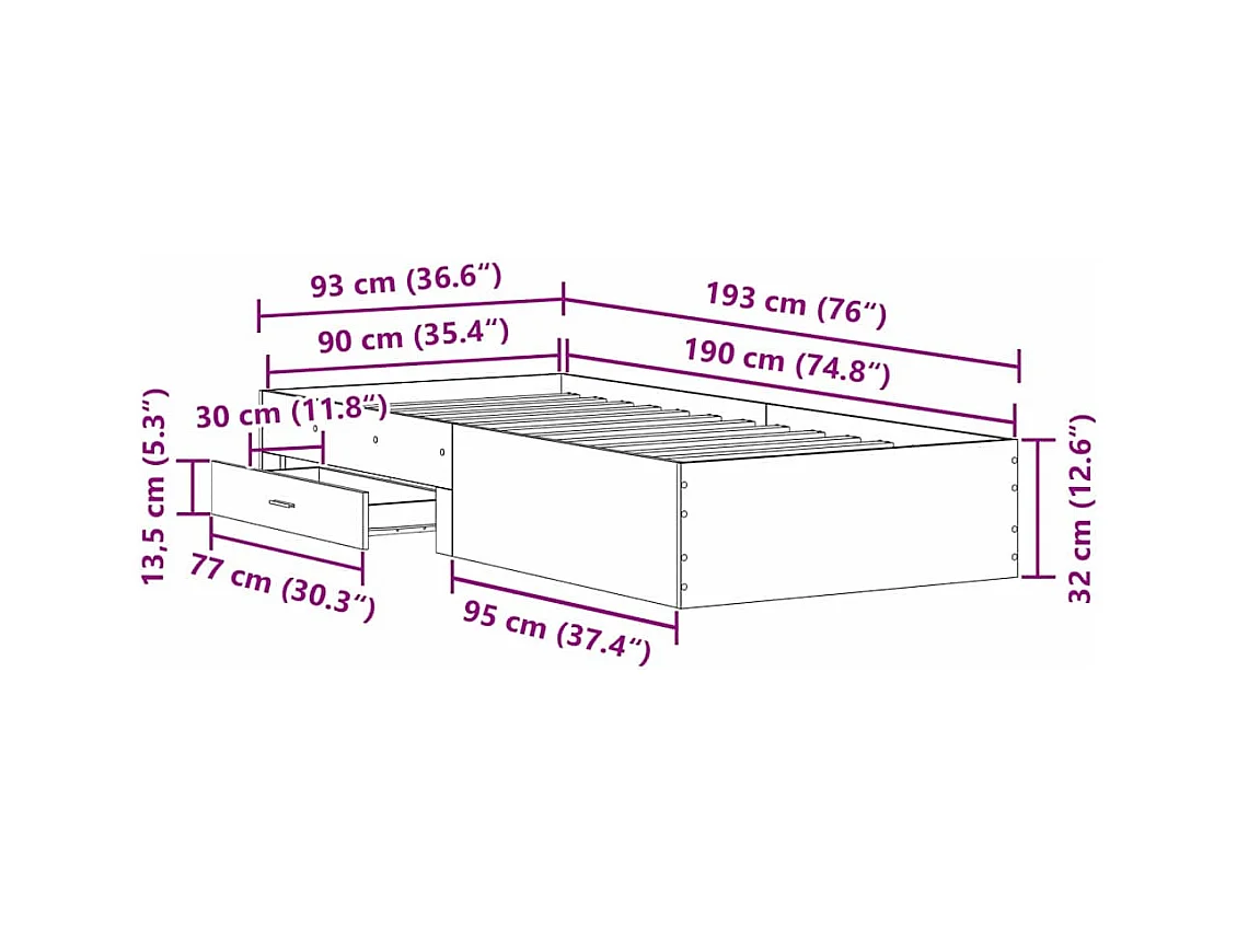 Lit simple | Lit adulte, enfant | Cadre de lit avec tiroirs avec tiroir Bois ancien 90x190 cm